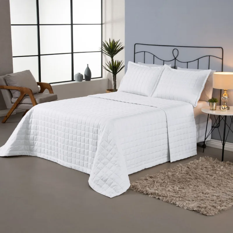 Kit Cobre Leito Colcha Dual Queen 3 Peças Matelado Dupla Face Liso - Branco