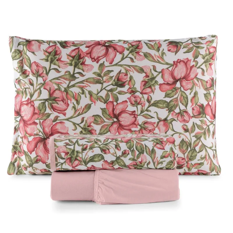 Jogo de Lençol Luar Solteiro 3 Peças Malha 100% Algodão Estampado - Rose Floral