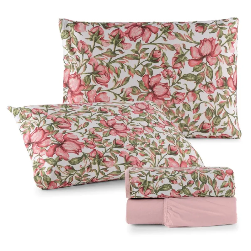 Jogo de Lençol Luar Casal 4 Peças Malha 100% Algodão Estampado - Rose Floral