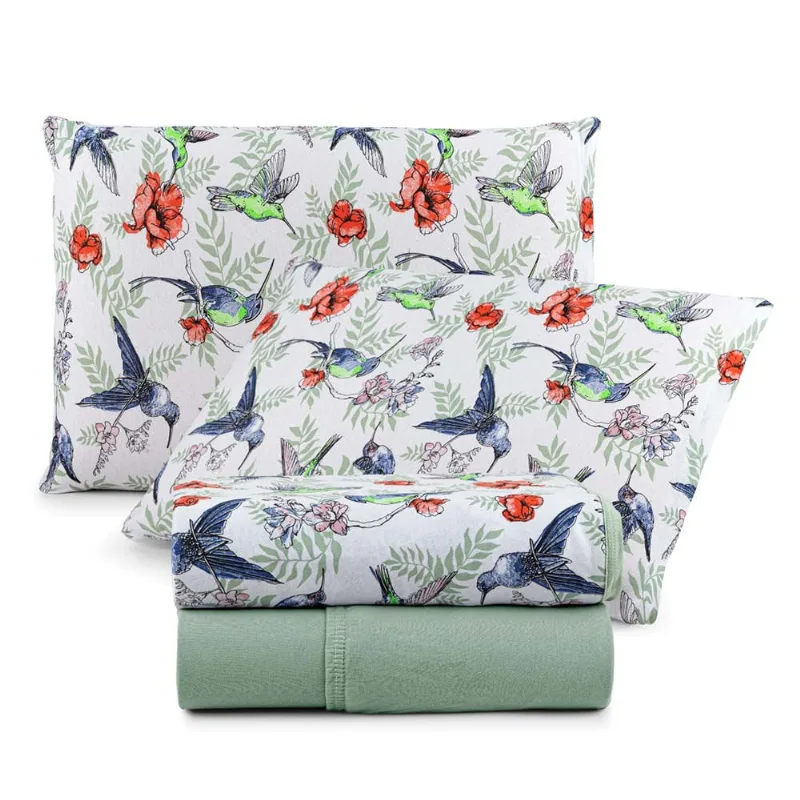 Jogo de Lençol Luar Casal 4 Peças Malha 100% Algodão Estampado - Verde Birds
