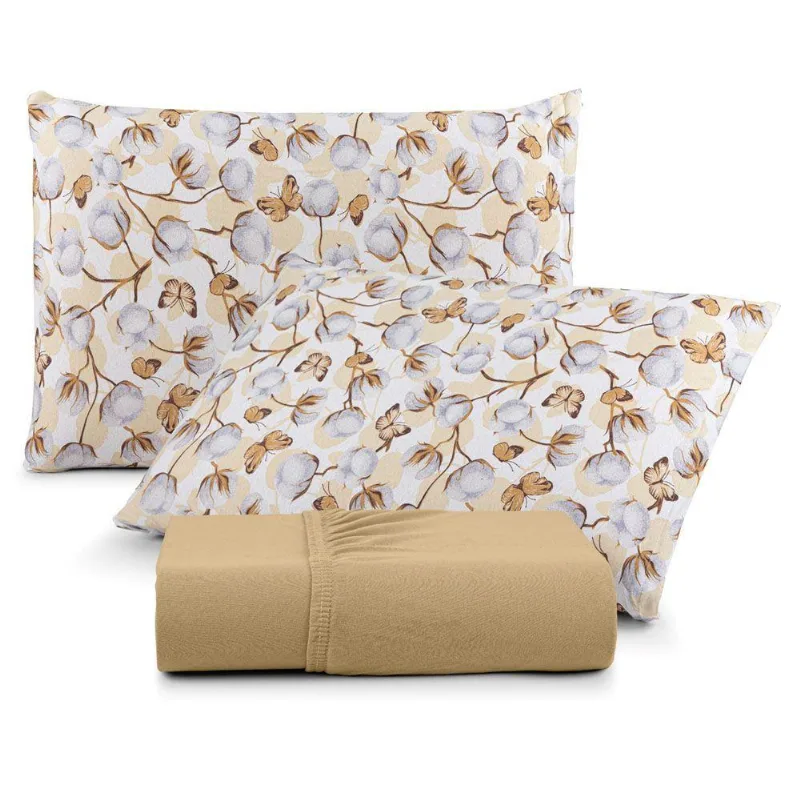 Jogo De Lençol Luar Queen 3 Peças Malha 100% Algodão Estampado Mostarda Cotton