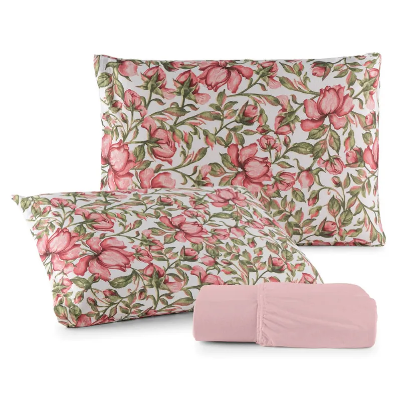 Jogo de Lençol Luar Queen 3 Peças Malha 100% Algodão Estampado - Rose Floral