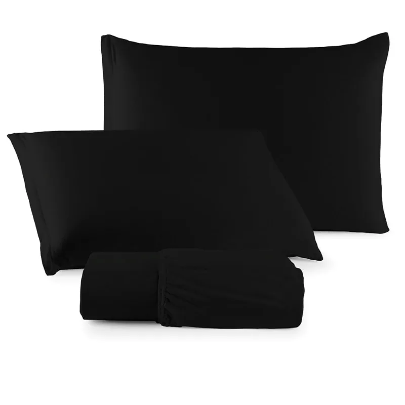 Jogo de Lençol Minimal King 3 Peças Malha 100% Algodão Liso - Preto