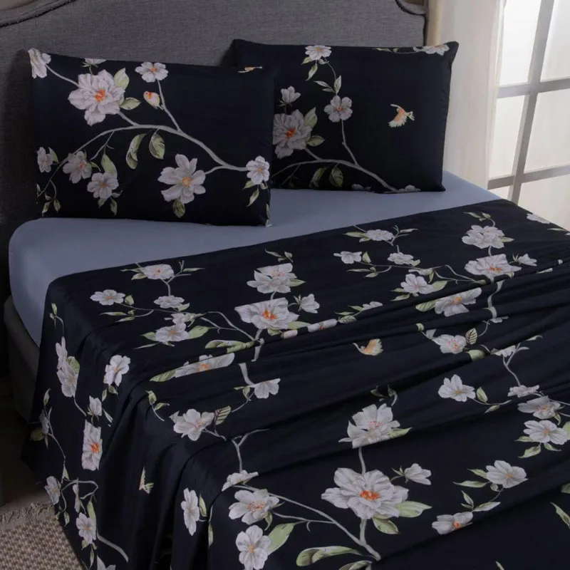 Jogo De Lençol Mabele King 4 Peças Micro Percal 400 Fios Estampado Floral - Azul Marinho