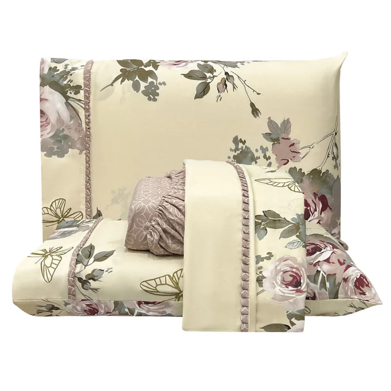 Jogo de Lençol Lislie King 4 Peças MicroPercal 300 Fios Estampado Floral - Buque Rosê - 100% Poliéster