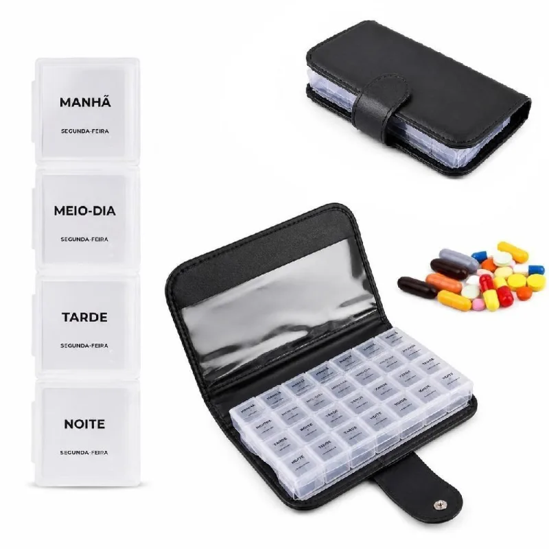 Porta Organizador de Comprimidos 28 Compartimentos Plastico PP e PU para Medicacao Diario Preto Yeet
