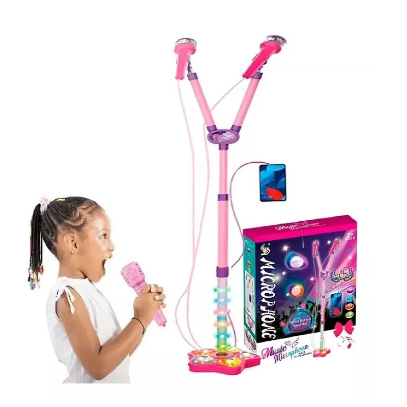 Microfone Duplo Infantil Com Luz E Som Conecta Celular Mp3