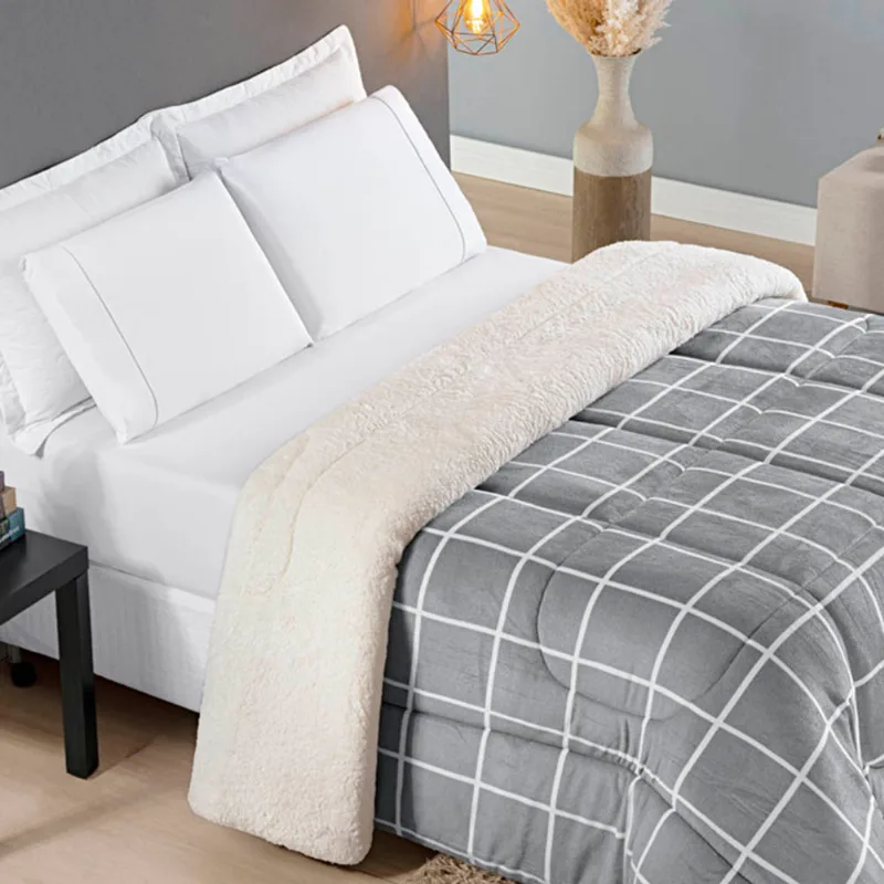 Edredom Coberdrom Austim Padrão Original Sherpa E Manta - Cinza - 100% Poliéster