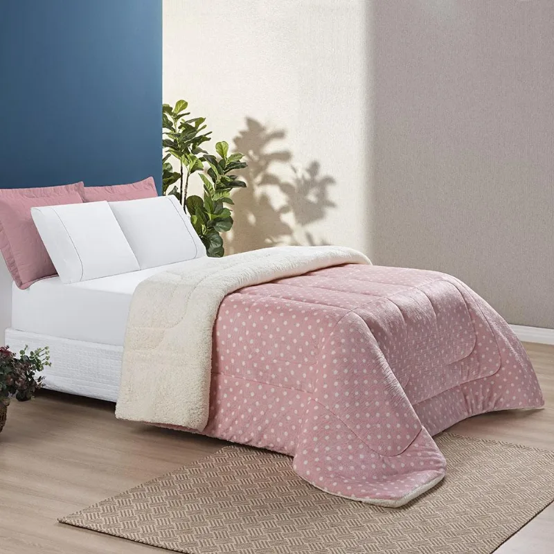 Edredom Coberdrom Romantico Poá King Sherpa E Manta Flannel - Rosa