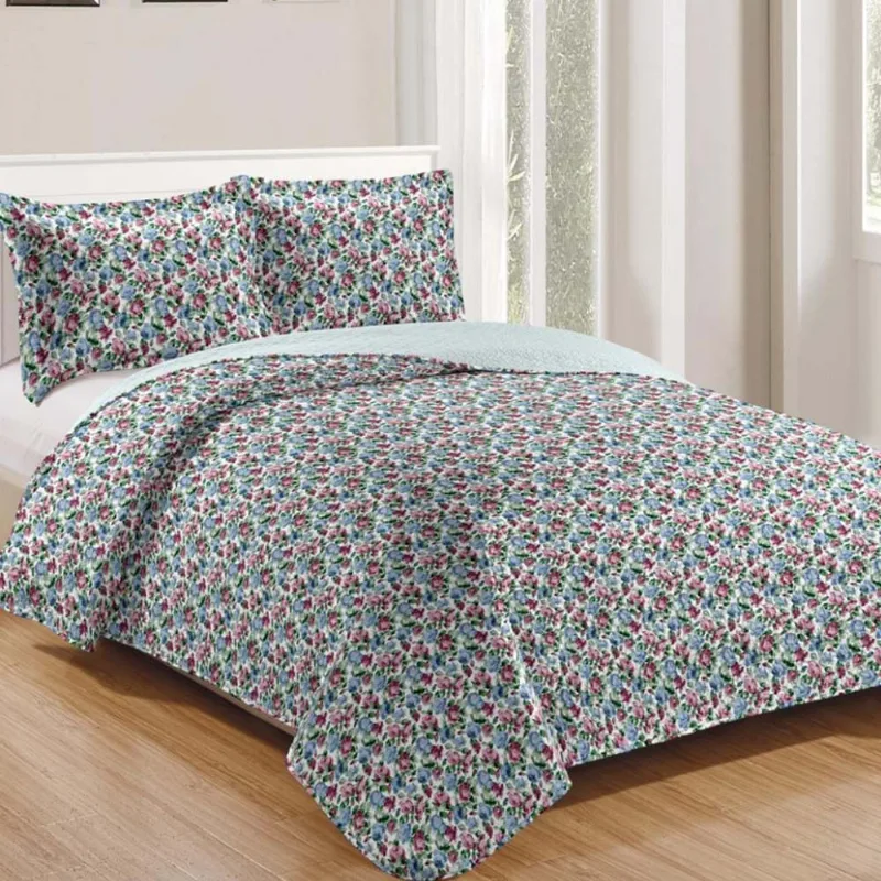 Kit Cobre Leito Colcha Daily Queen 3 Peças Dupla Face Estampado Floral - Floral 21 - 100% Poliéster