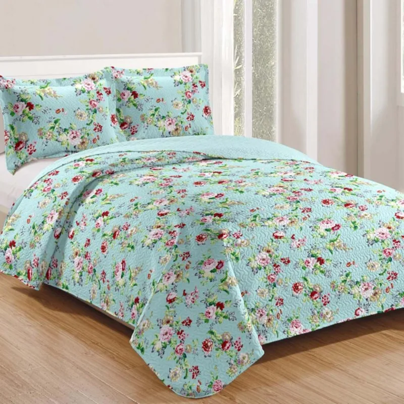 Kit Cobre Leito Colcha Daily Queen 3 Peças Dupla Face Estampado - Floral 28 - 100% Poliéster