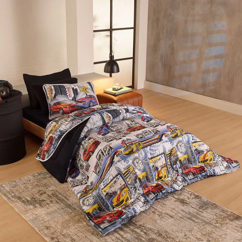 Kit Edredom Alegria Dupla Face Solteiro 2 Peças Malha Estampada 100% Algodão - Carros Race - Clara luz decora - Cama, Mesa E Banho
