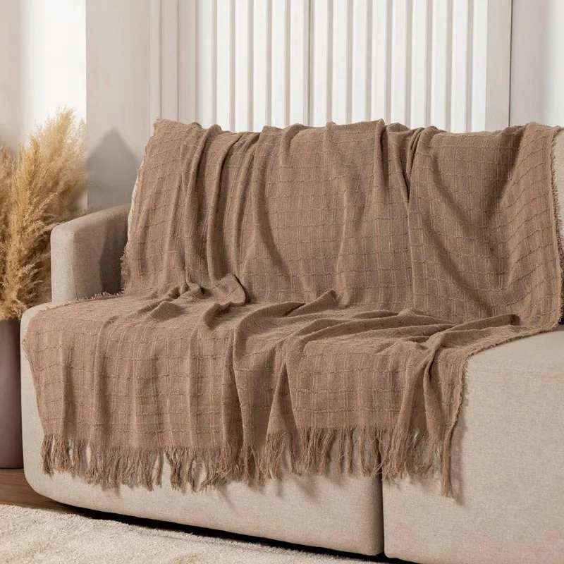 Manta Xale Rubi 1,70m X 1,40m Com Franja Para Sofá Cama 100% Algodão 01 Peça - Avelã - Outra