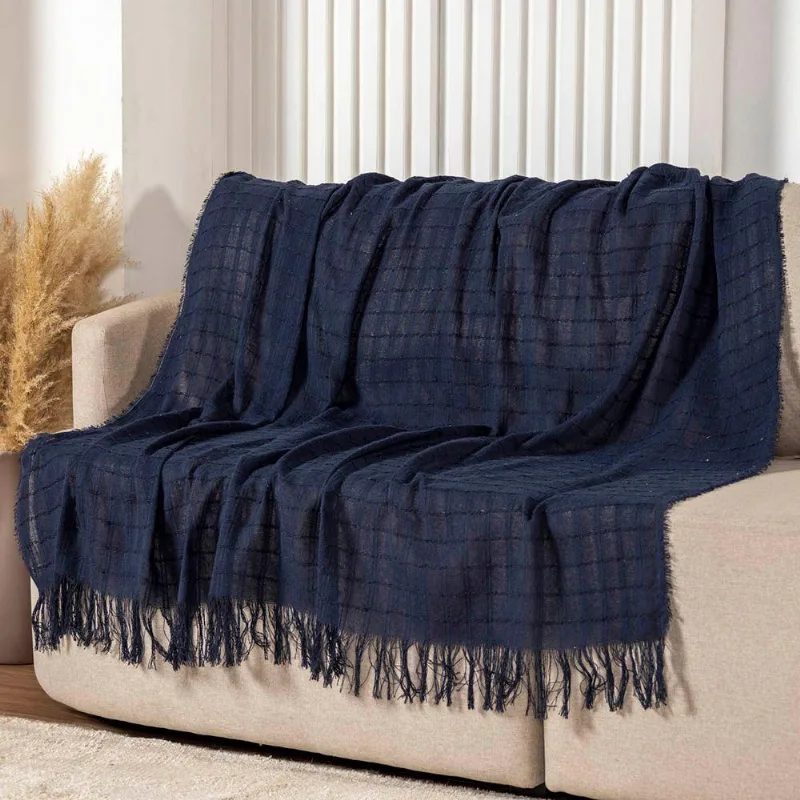 Manta Xale Rubi 1,70m X 1,40m Com Franja Para Sofá Cama 100% Algodão 01 Peça - Azul Marinho - Outra