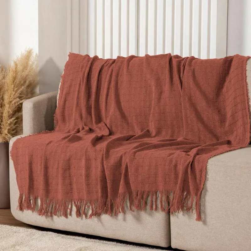 Manta Xale Rubi 1,70m X 1,40m Com Franja Para Sofá Cama 100% Algodão 01 Peça - Terracota - Outra