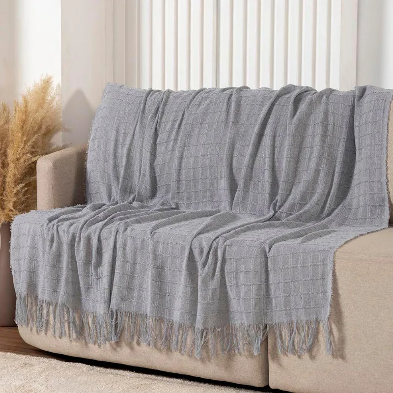 Manta Xale Rubi 2,40m X 1,70m Com Franja Para Sofá Cama 100% Algodão 01 Peça - Cinza