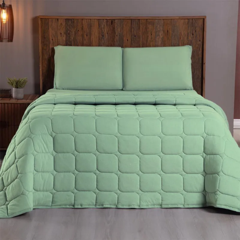 Kit Cobre Leito Colcha Minimal King 3 Peças Malha 100% Algodão - Verde