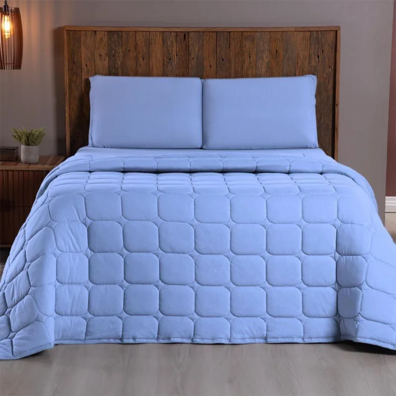 Kit Cobre Leito Colcha Minimal King 3 Peças Malha 100% Algodão - Azul Claro