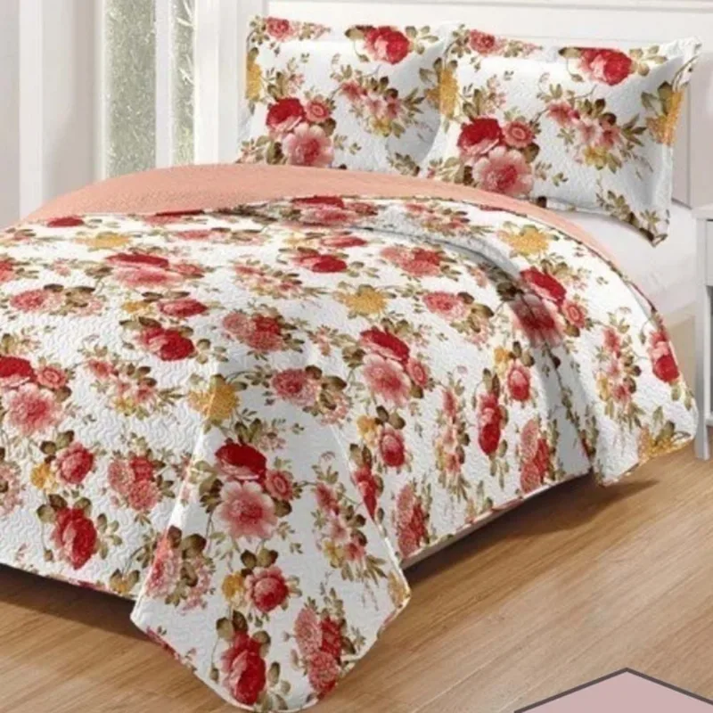Kit Cobre Leito Colcha Daily Queen 3 Peças Dupla Face Estampado - Floral 50 - 100% Poliéster