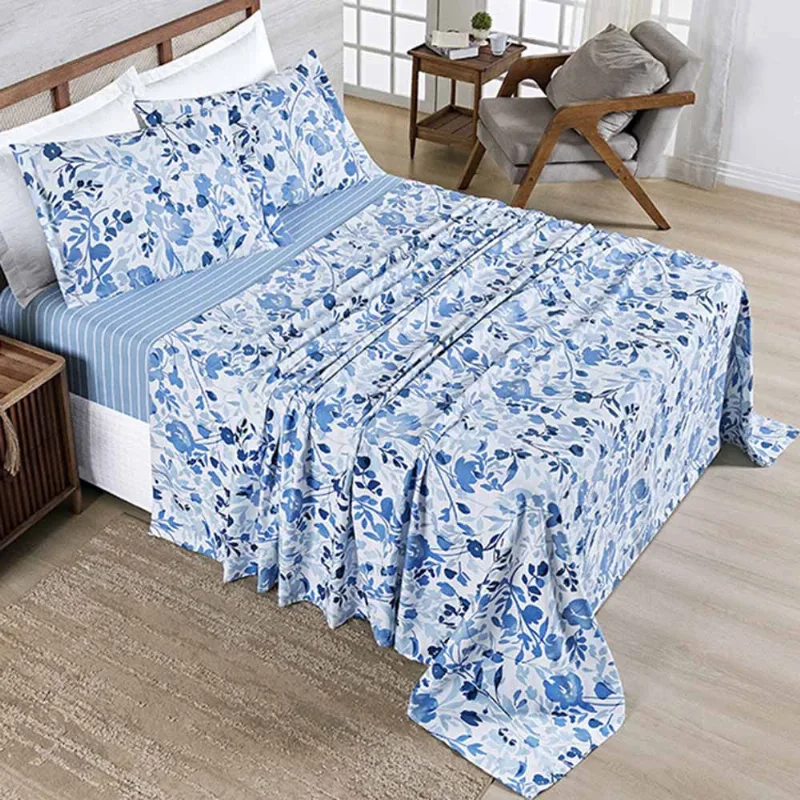 Jogo de Lençol Benim Casal 4 Peças Micropercal 400 Fios Estampado - Loli Azul Floral - 100% Poliéster