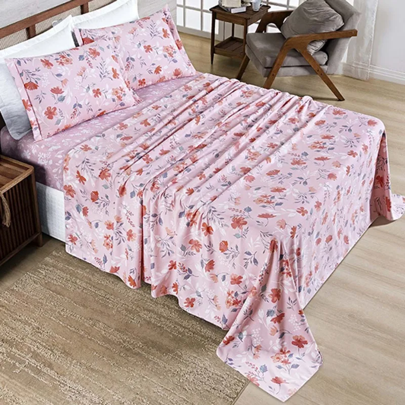 Jogo de Lençol Benim Queen 4 Peças Micropercal 400 Fios Estampado - Flora Rosa - 100% Poliéster