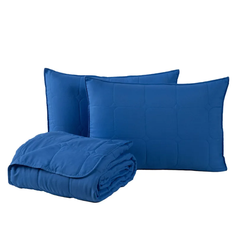 Kit Cobre Leito Colcha Lunar Casal 3 Peças 400 Fios Matelado Dupla Face - Azul Royal - 100% Poliéster