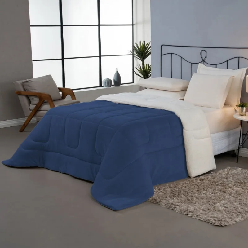 Coberdrom Cobertor Daily Queen 01 Peça Manta Soft Sherpa Carneiro Dupla Face - Azul Marinho