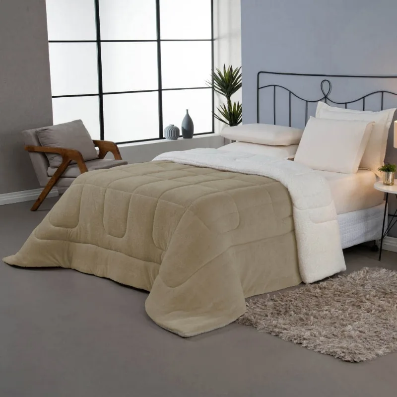 Coberdrom Cobertor Daily Queen 01 Peça Manta Soft Sherpa Carneiro Dupla Face - Bege