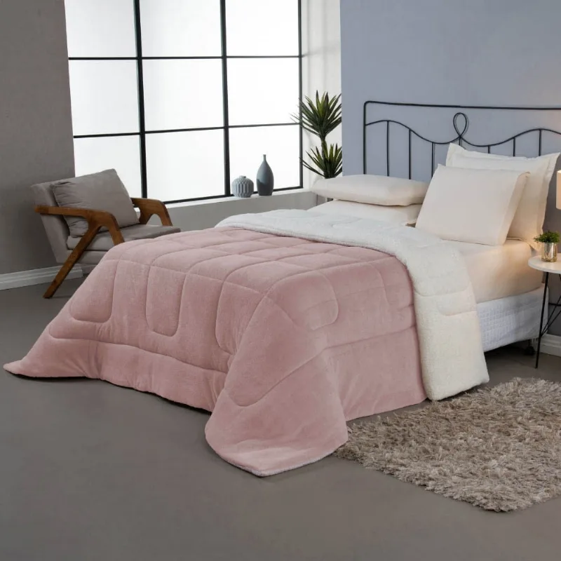 Coberdrom Cobertor Daily Queen 01 Peça Manta Soft Sherpa Carneiro Dupla Face - Rosa