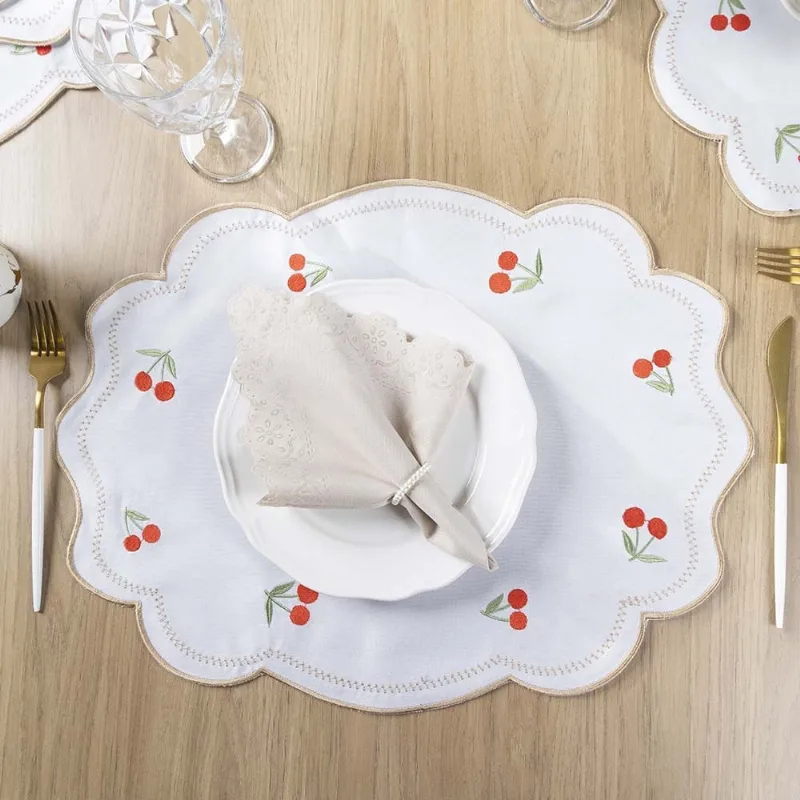 Jogo Americano Simples Bordado 12 Peças Guardanapos Sousplat Decorativo - Cereja