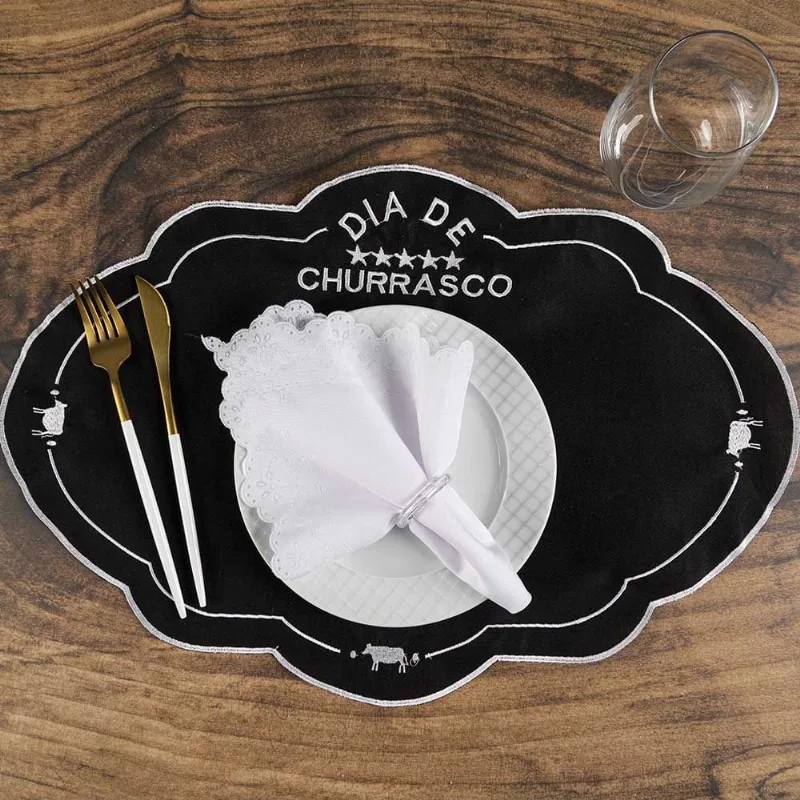 Jogo Americano Simples Bordado 12 Peças Guardanapos Sousplat Decorativo - Churrasco