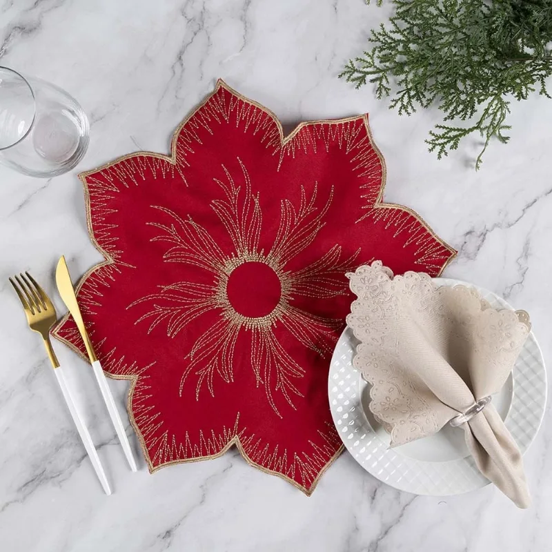 Jogo Americano Simples Bordado 12 Peças Guardanapos Sousplat Decorativo - Dalia Vermelho