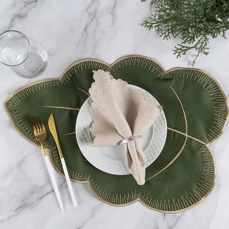 Jogo Americano Simples Bordado 12 Peças Guardanapos Sousplat Decorativo - Folhas Verde Musgo