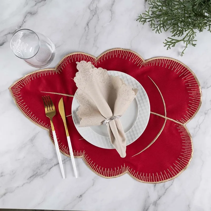 Jogo Americano Simples Bordado 12 Peças Guardanapos Sousplat Decorativo - Folhas Vermelho