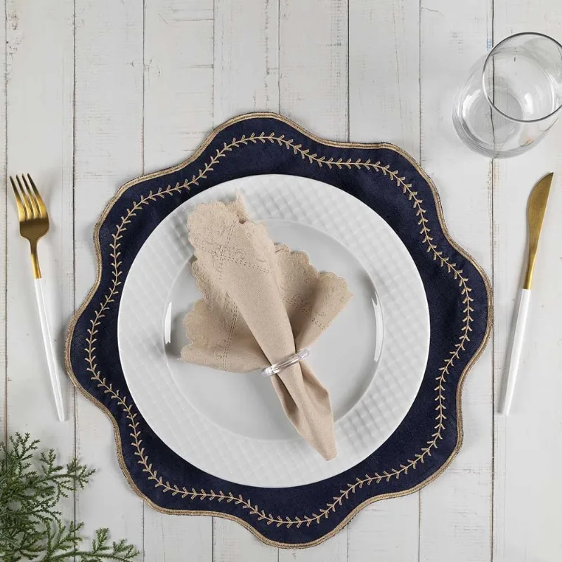 Jogo Americano Simples Bordado 12 Peças Guardanapos Sousplat Decorativo - Paris Azul Marinho