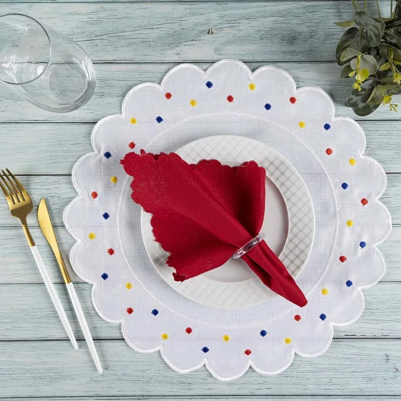 Jogo Americano Simples Bordado 12 Peças Guardanapos Sousplat Decorativo - Poá Branco Colorido