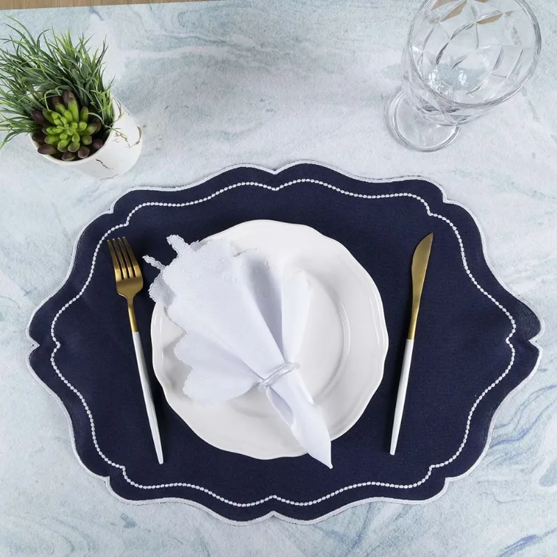 Jogo Americano Simples Bordado 12 Peças Guardanapos Sousplat Decorativo - Realeza Azul Marinho