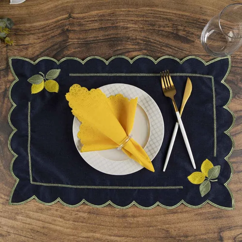 Jogo Americano Simples Bordado 12 Peças Guardanapos Sousplat Decorativo - Retangular Limão Azul Marinho