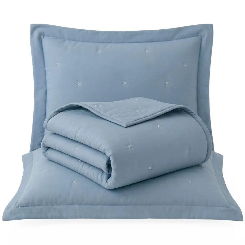 Kit Cobre Leito Colcha Fenix Casal 3 Peças Percal 300 Fios Azul Clara Luz Decora