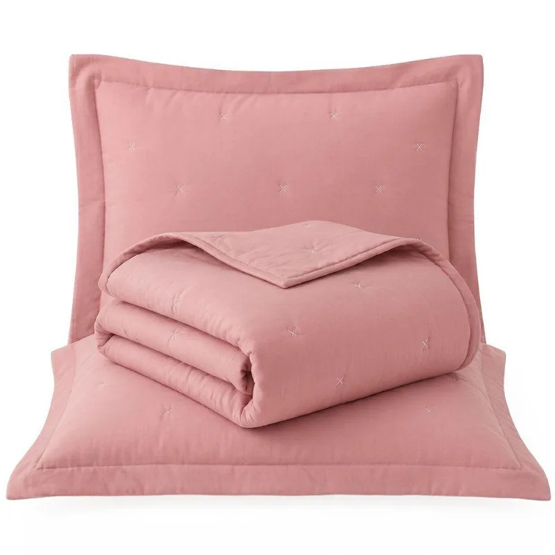 Kit Cobre Leito Colcha Fenix King 3 Peças Percal 300 Fios Bordado Matelassê Rosa Malva Clara Luz