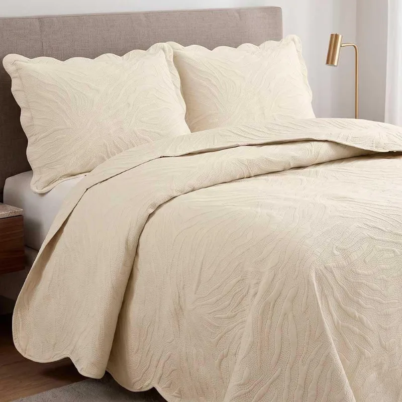 Kit Cobre Leito Colcha Maré Queen 3 Peças Percal 300 Fios Matelassê Bege Clara Luz Decora