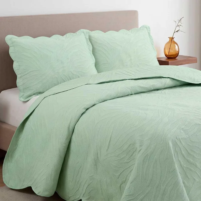Kit Cobre Leito Colcha Maré King 3 Peças Percal 300 Fios 100% Poliéster Matelassê Verde Clara Luz