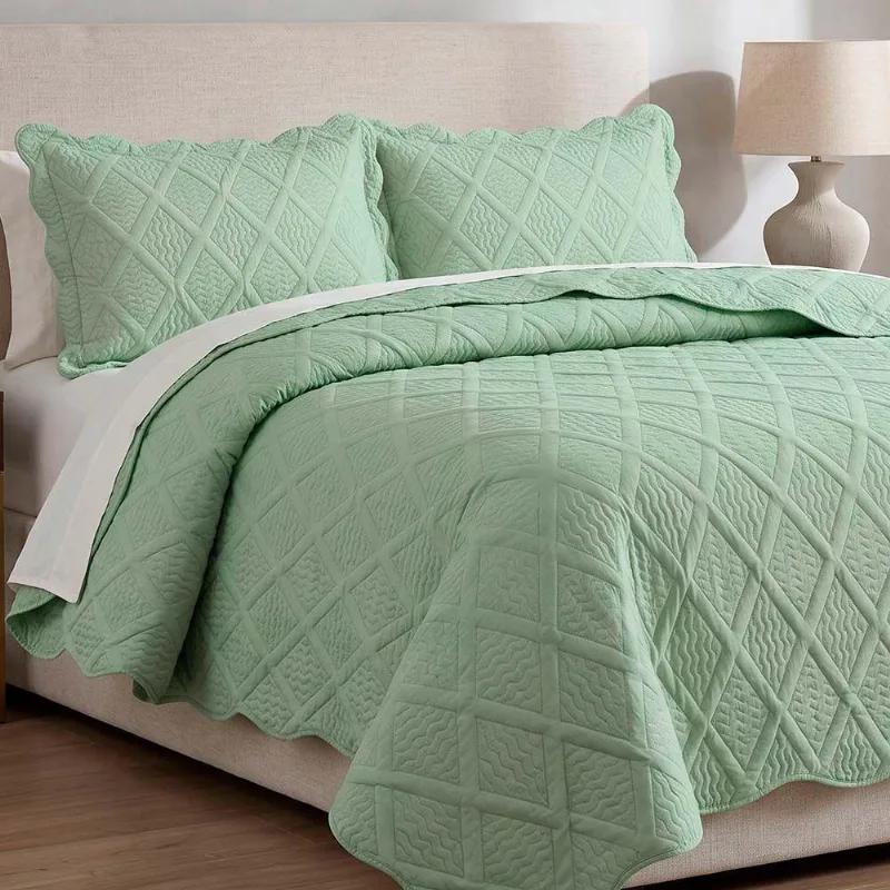 Kit Cobre Leito Colcha Ipanema King 3 Peças Percal 300 Fios Matelassê Verde Clara Luz Decora