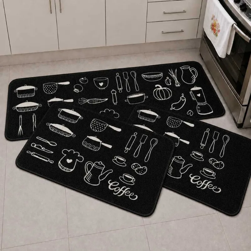 Kit Passadeira Tapete Cozinha 3 Peças Carpete Base Emborrachada Antiderrapante Limpeza Fácil Café Black