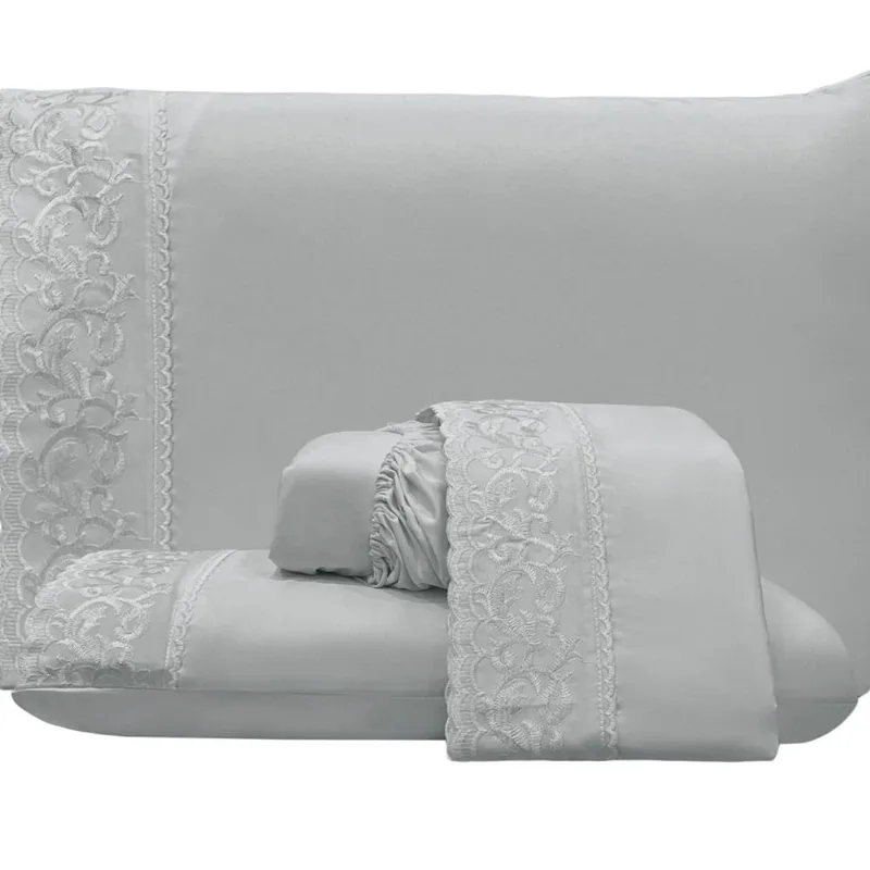 Jogo de Cama Lençol Casal Top Line 4 Peças - Cinza - 100% Poliéster