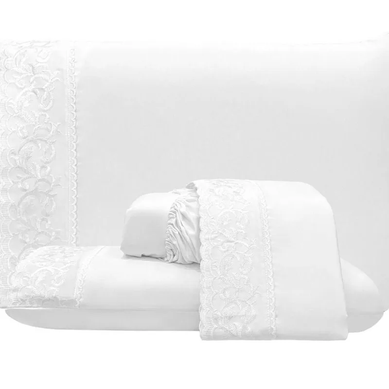 Jogo De Cama Lençol Queen Top Line 4 Peças - Branco - 100% Poliéster
