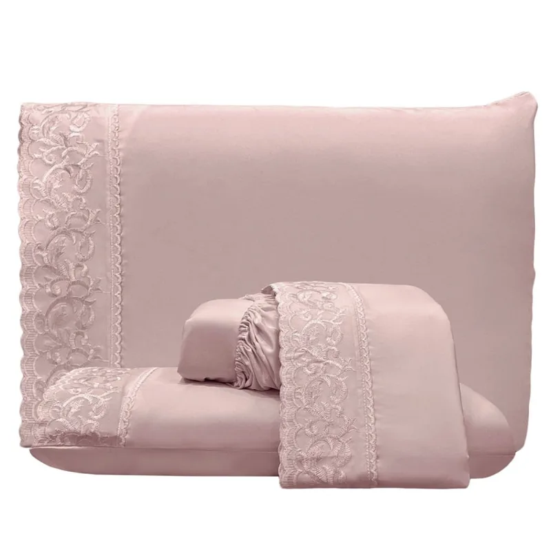Jogo de Cama Lençol Queen Top Line 4 Peças - Rosê - 100% Poliéster
