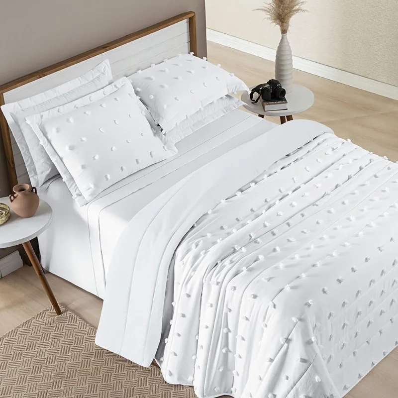 Cobre Leito Colcha Queen Pompom 3 Peças Branco - 100% Poliéster