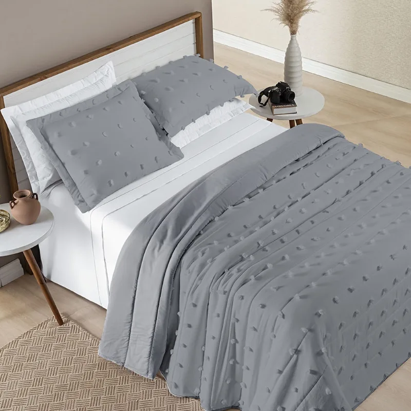 Cobre Leito Colcha Queen Pompom 3 Peças Cinza - 100% Poliéster