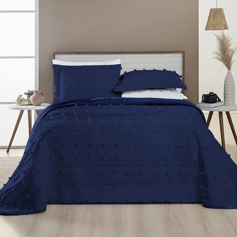Cobre Leito Colcha Queen Pompom 3 Peças Marinho - 100% Poliéster